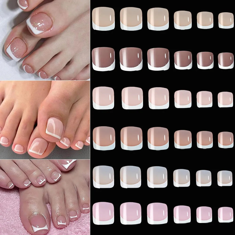 Box of 120 French white edge press-on toenails in nude colours on a full square short shape.
