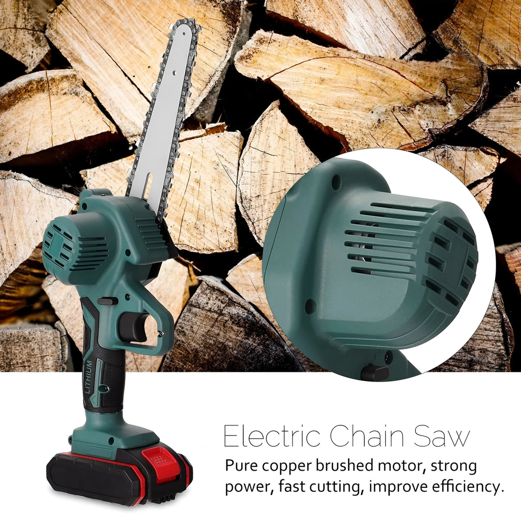 Black mini electric chainsaw held in one hand showing 4-inch guide plate and compact body.