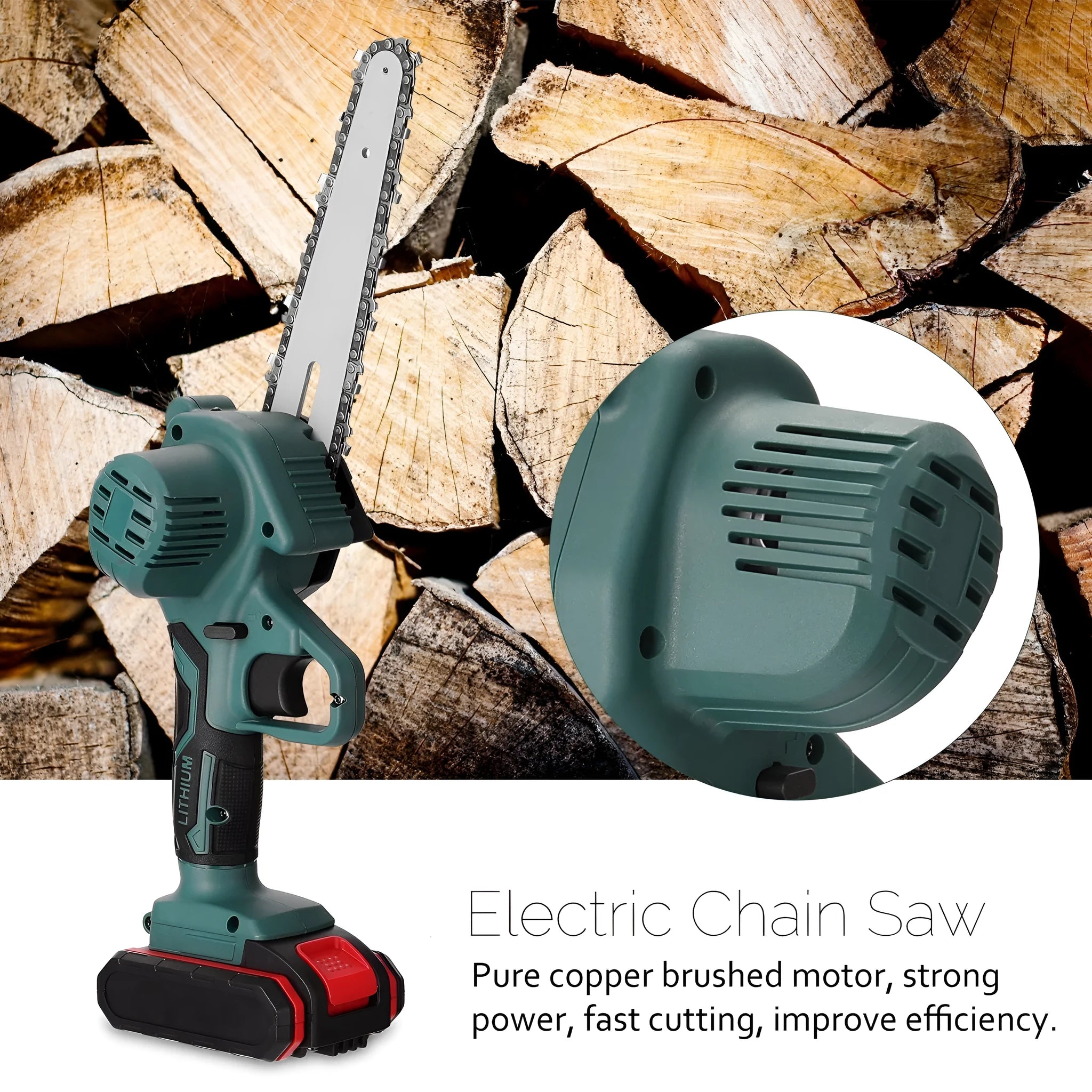 Black mini electric chainsaw held in one hand showing 4-inch guide plate and compact body.