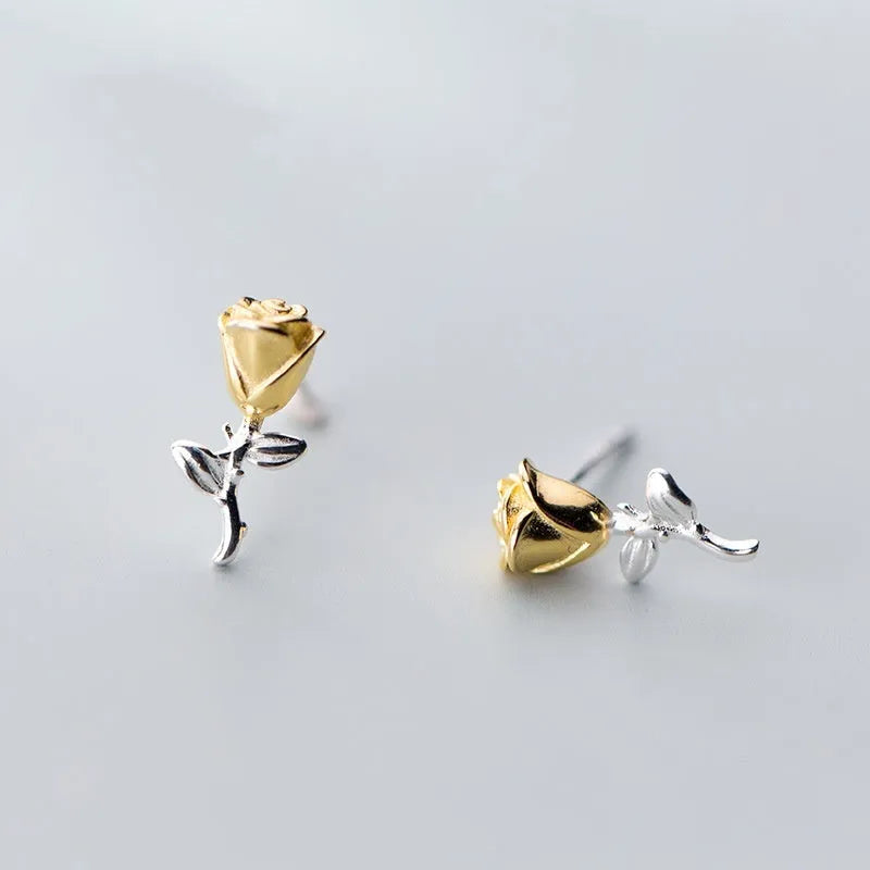 S925 silver rose stud earrings for women in gold or silver colour, Korean style, pair