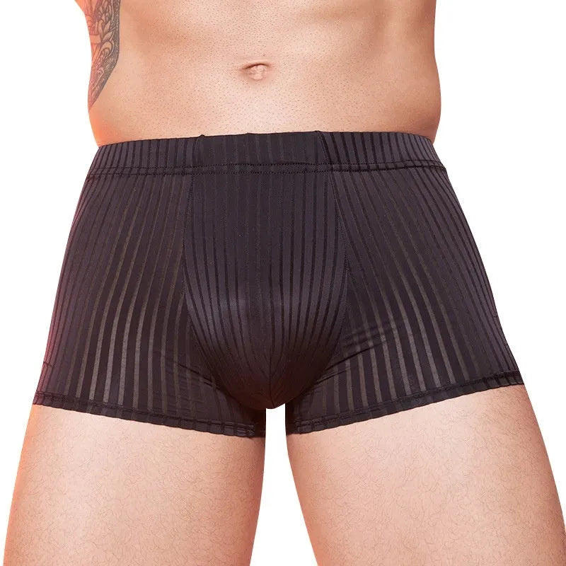 Men's thin striped underwear in black, dark gray, or white colours, showing lightweight nylon fabric.