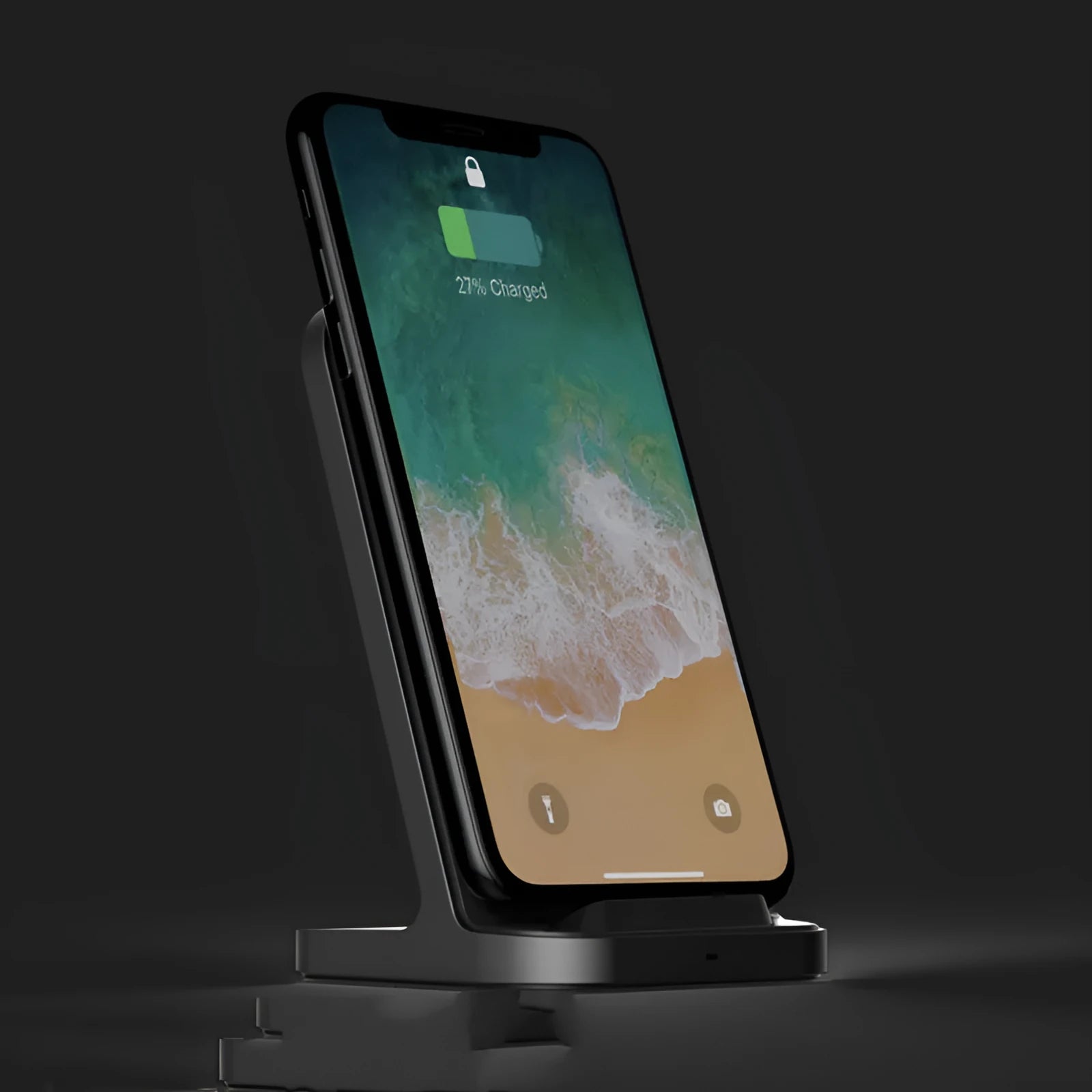 Dark grey vertical wireless charger desktop base for Apple smartphones measuring 70 x 70 x 113 mm