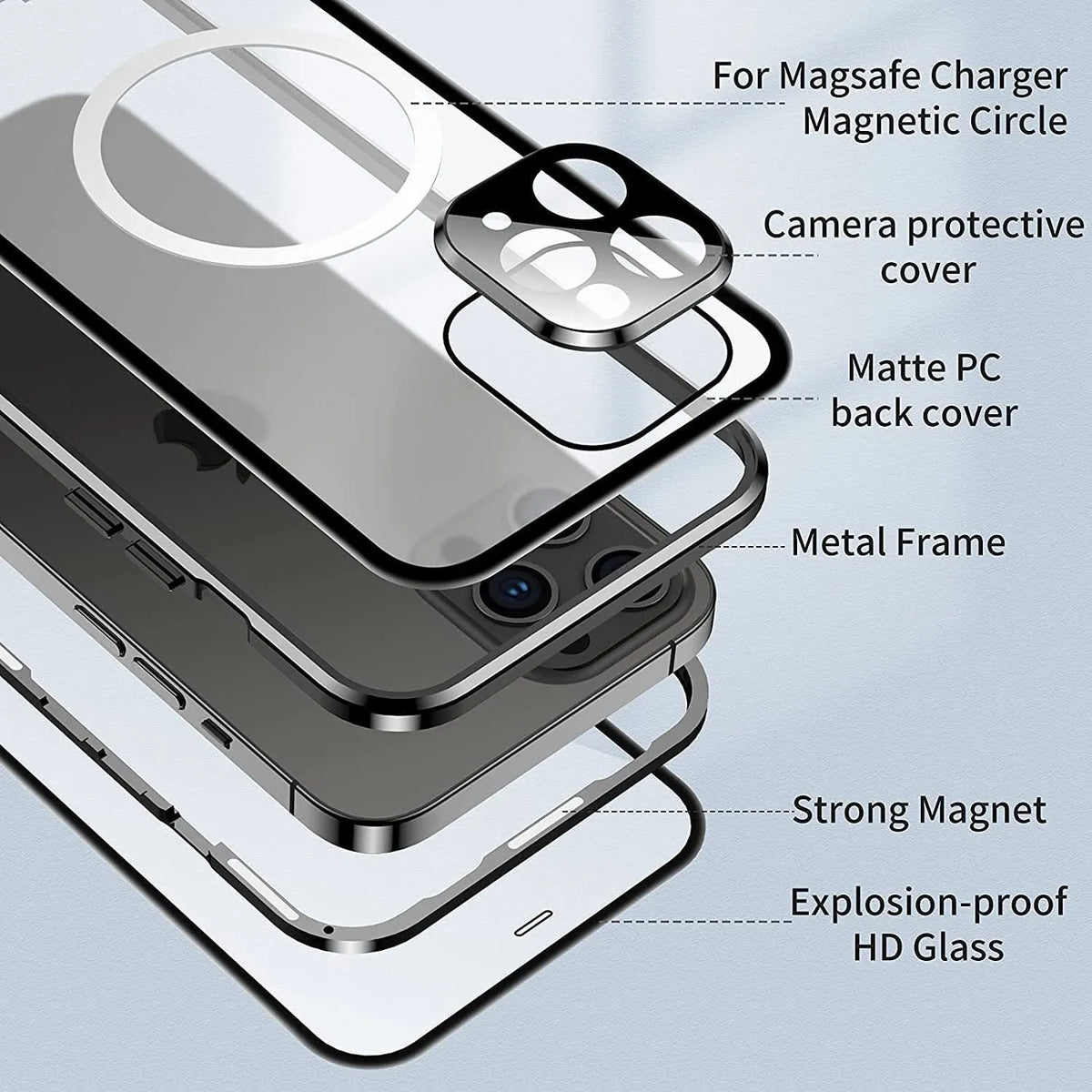 Magnetic card buckle phone case for iPhone 16 series in black metal with card slot