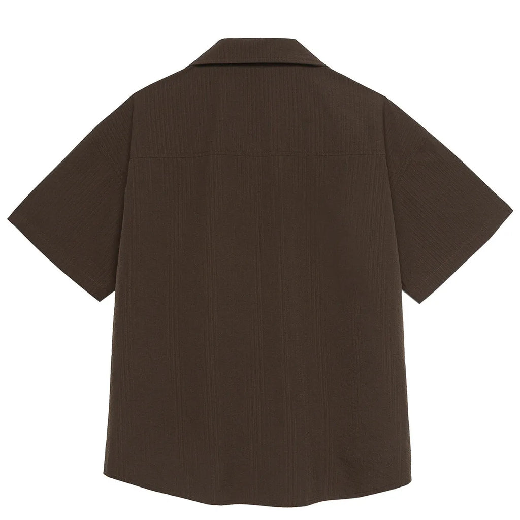 Men's brown striped Cuban collar short sleeve outdoor shirt