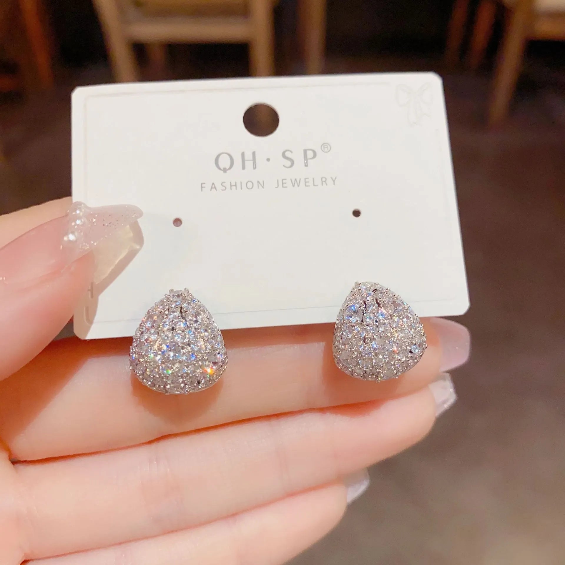 Silver zircon water droplet drop shape earrings for women copper base with thick real gold plating