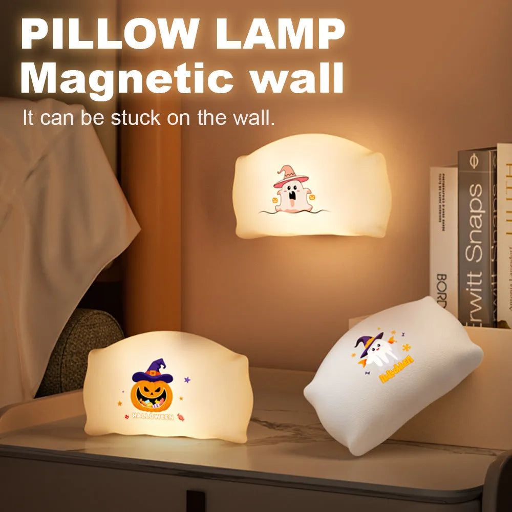Cartoon Halloween doll table lamp with warm light, showing magic ghost design and dimensions 99x70x50mm