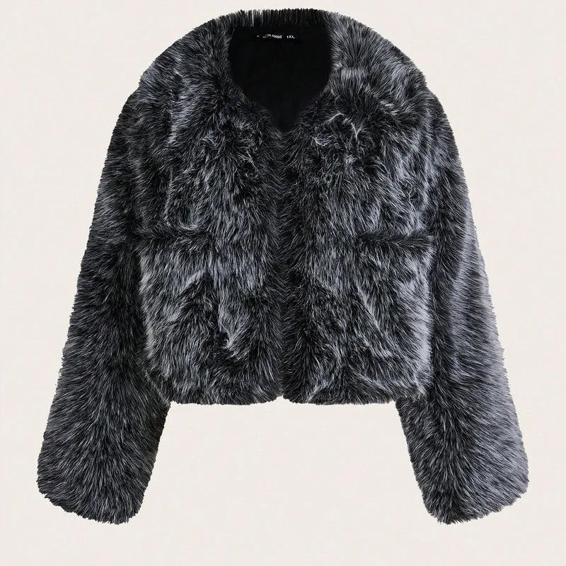 Artificial fur coat with fur collar in short 40cm length showing thick fabric texture