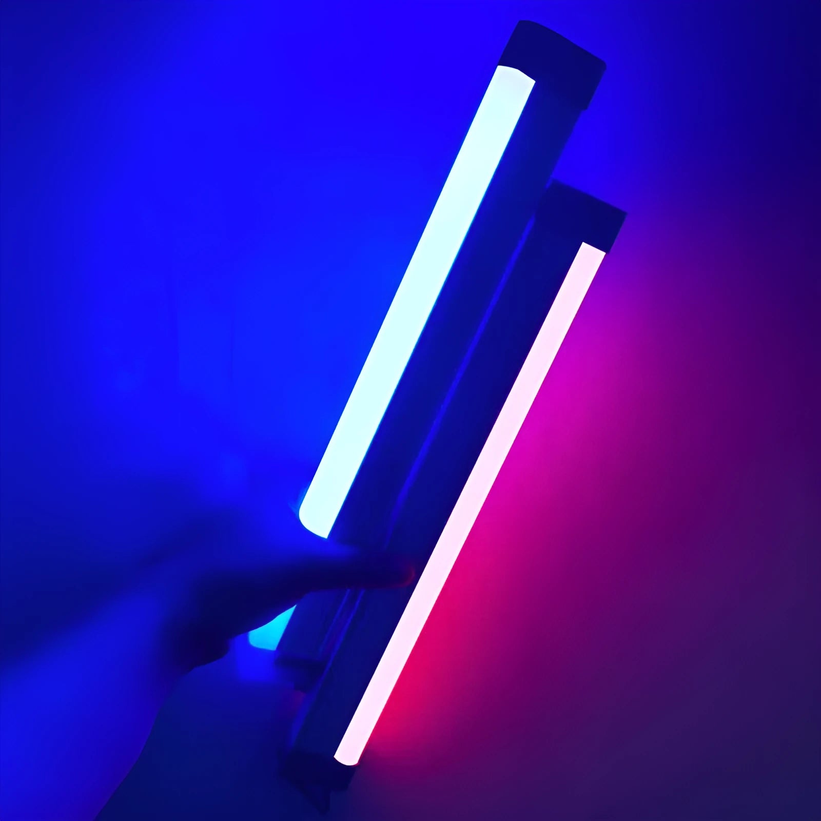 Blue and purple rechargeable LED tube light with dimmable settings for photography and room ambience.