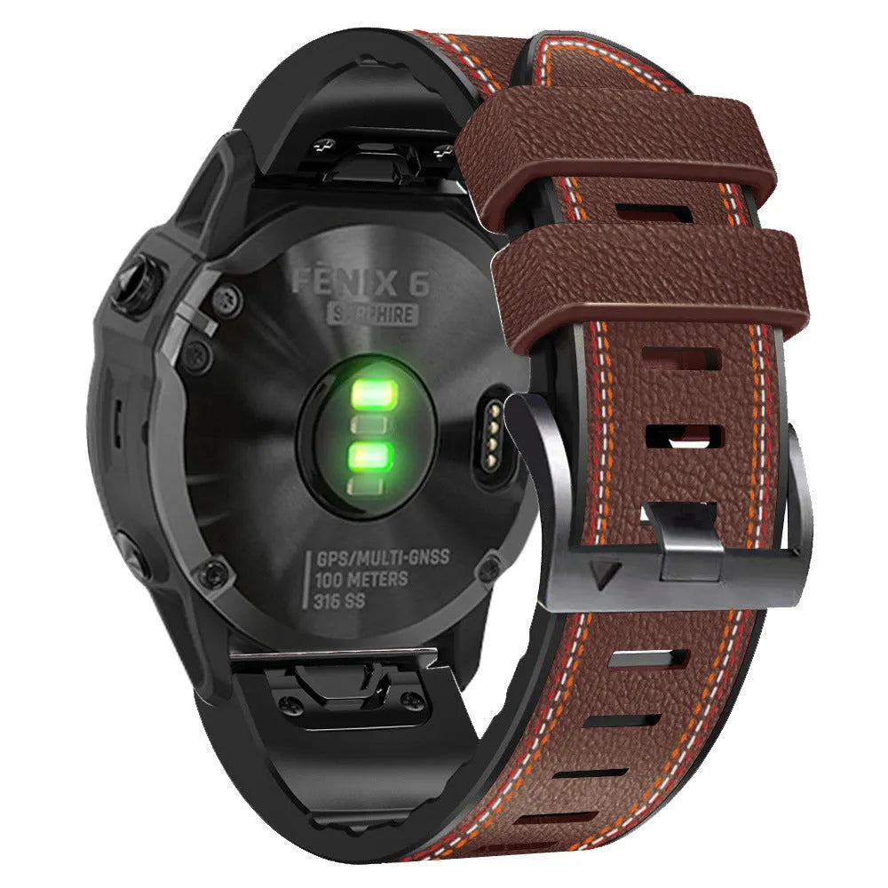 Garmin Fenix quick release silicone leather watchband in black on smartwatch