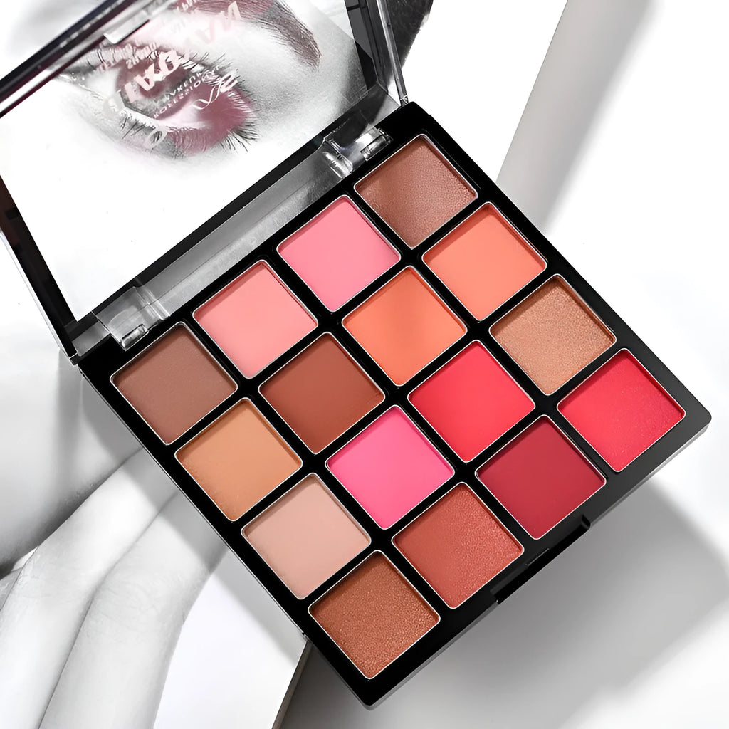 16 colour pearlescent eyeshadow palette in a plastic case, 9.5 x 9.2 x 1.1 cm, four colour options