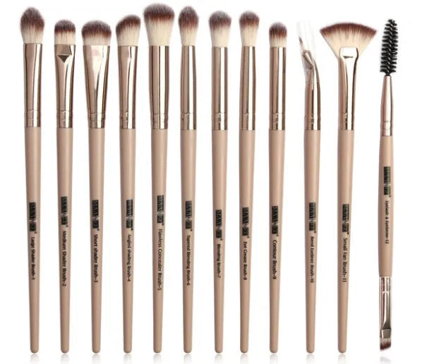 12 piece eye makeup brush set with nylon bristles and portable plastic handles in six colour options