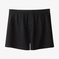 Men's high-waist cotton boxer shorts in black, grey, and navy blue on a size chart