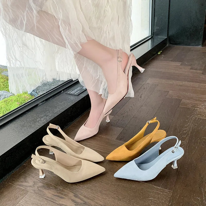Women's suede stiletto heel pointed high heels in apricot, pink, sky blue, and yellow colours