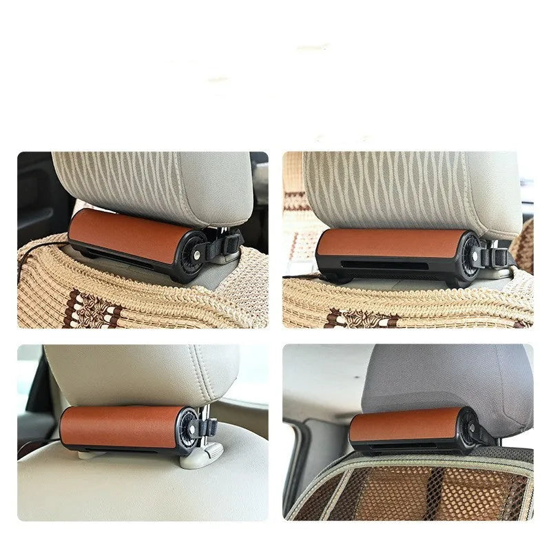 Black bladeless USB car fan with rear mount and ventilation grille