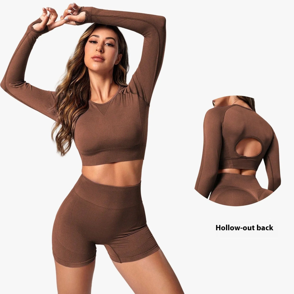 Women's yoga clothes suit set showing high waist leggings and long sleeve pullover top