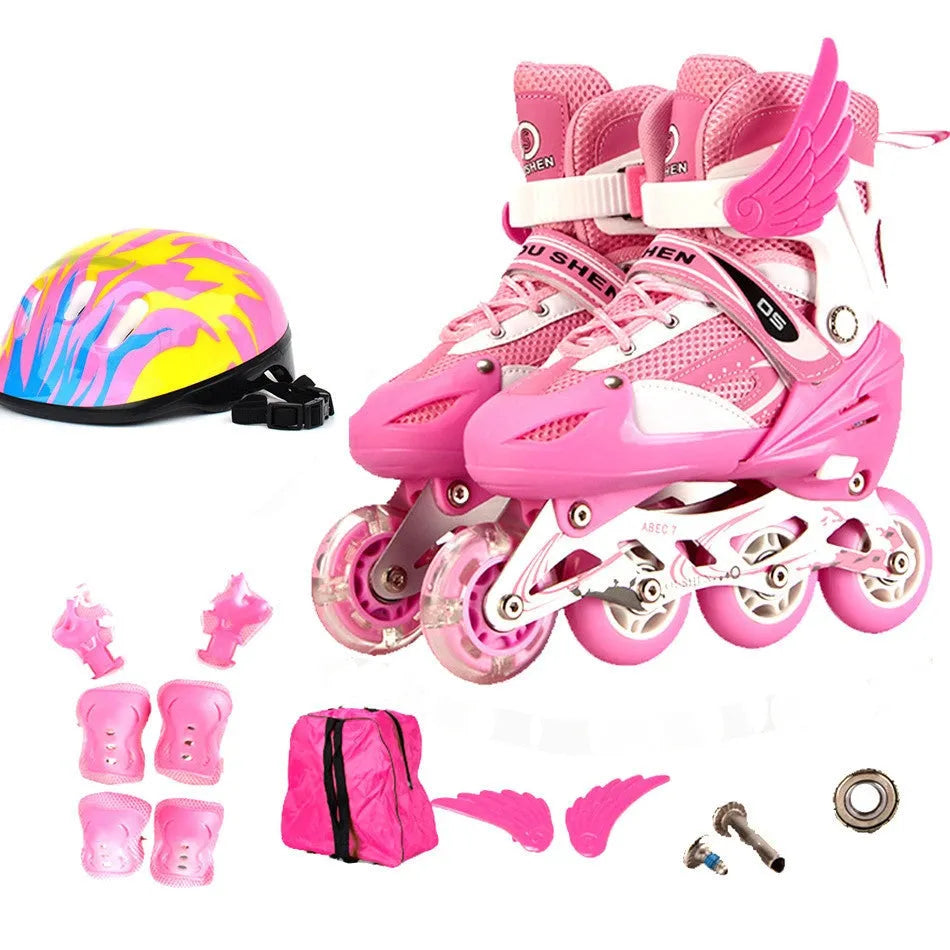 Yellow adjustable children's roller skates with aluminium frame, PU wheels, and a set of protective gear including helmet.
