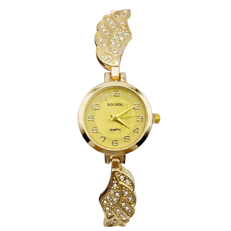 Slim stainless steel women's watch with round dial, shown in gold, black and gold, and white and gold colour variations.