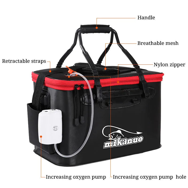 EVA portable fishing bag folded live fish box with thick nylon zipper, black and orange options, 30 cm to 50 cm.
