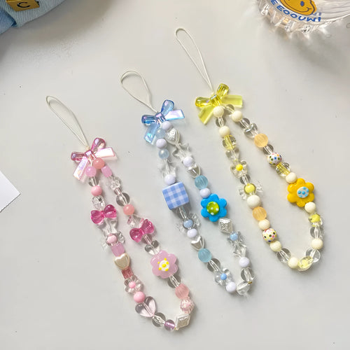 Beaded floral phone lanyard with colourful plastic resin beads on adjustable hand rope