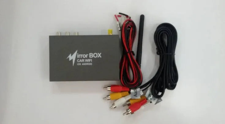 Black car mirror link box host unit with connecting AV cable, power cable, and antenna.