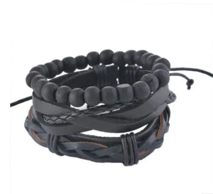 Hand-woven leather bracelet with wooden beads and adjustable design for vintage punk style