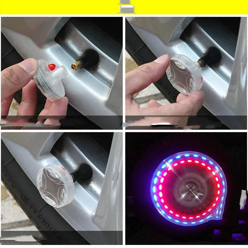 Colourful solar powered wheel hub lamp valve on a car tyre with intelligent induction system