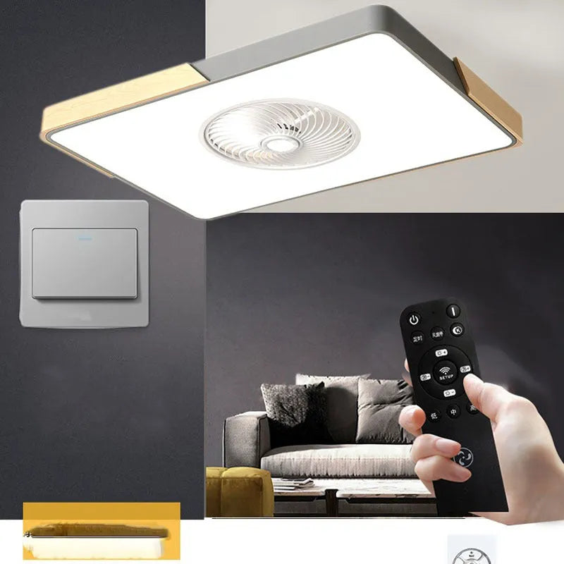 Nordic solid wood ceiling fan with light combination in rectangular, round and square size options
