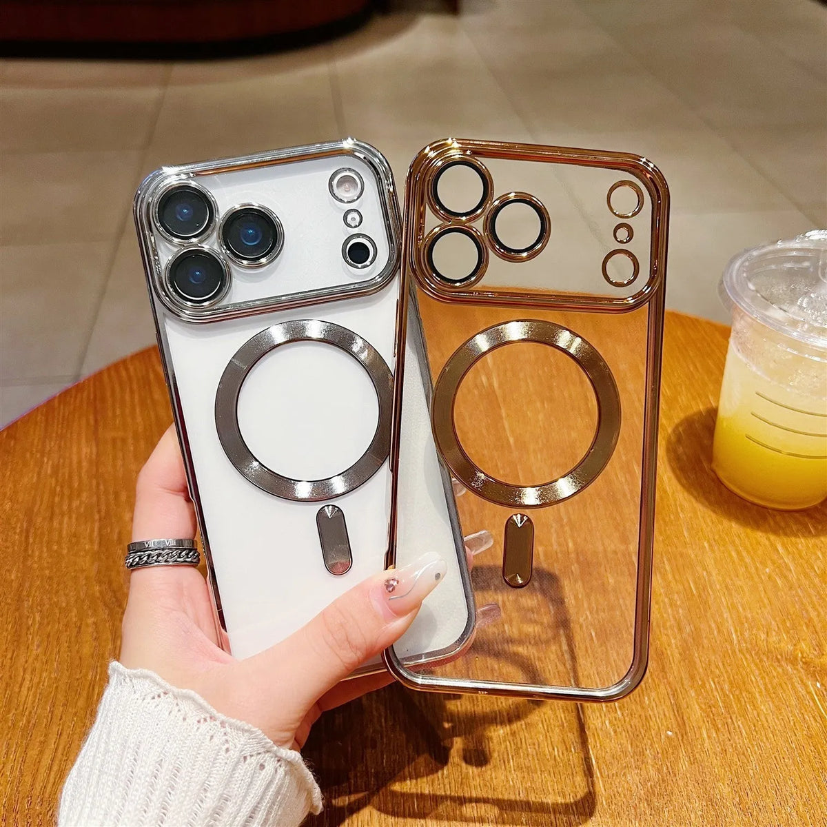 TPU magnetic suction phone case with tail electroplating and transparent lens protector in Black for iPhone 13-17 series