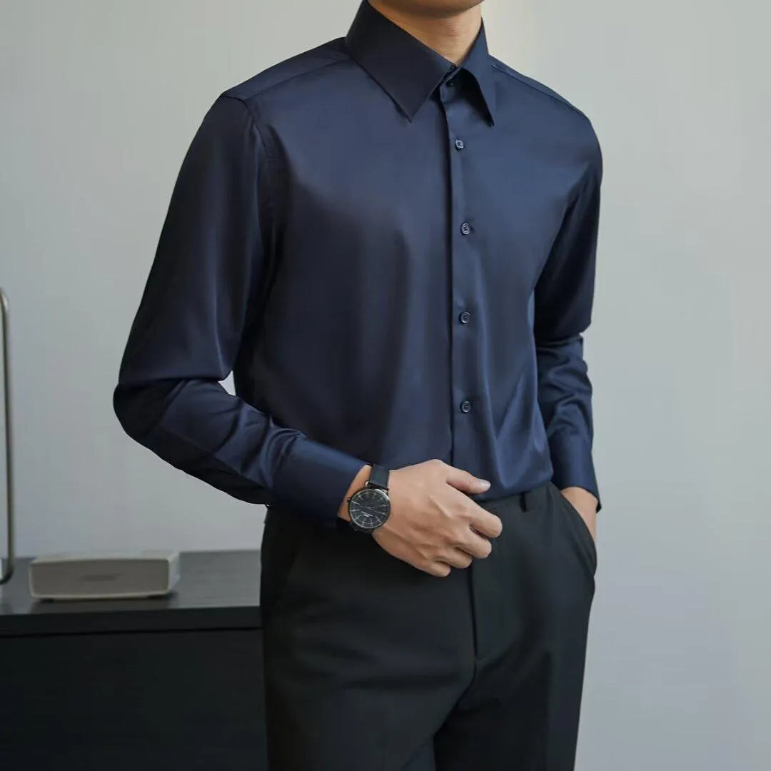 Korean style men's black loose cardigan shirt with long sleeves on a hanger.