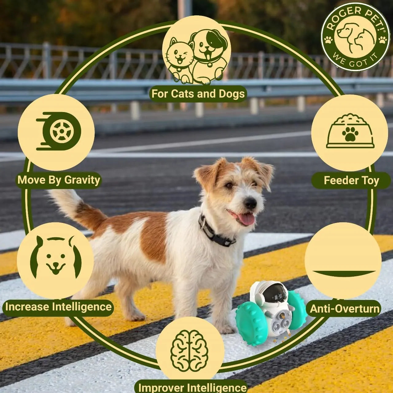 Robot-designed self-balancing dog treat dispenser toy for small pets showing dimensions