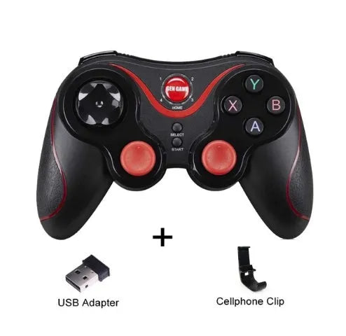 Upgraded X3 black and white Bluetooth wireless game controller for Android phones with cellphone clip attached.