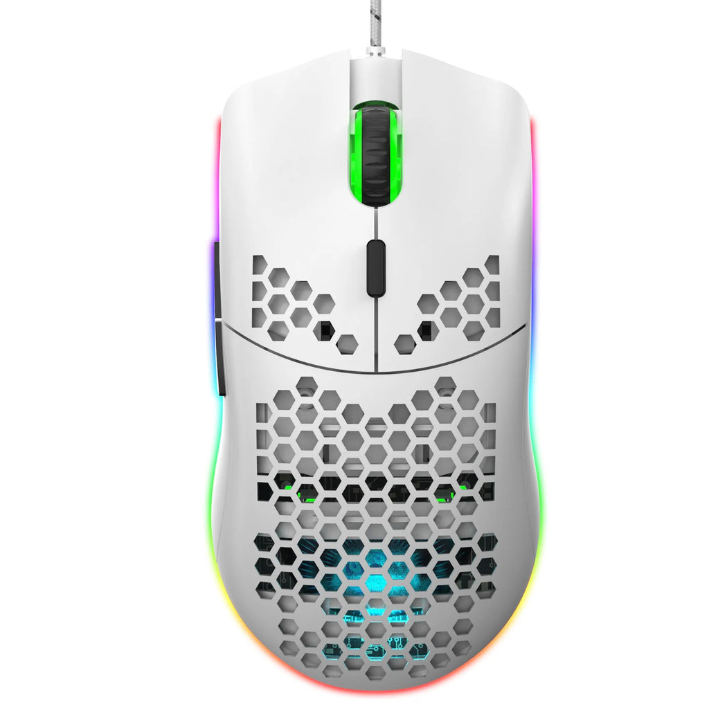 J900 honeycomb shell wired gaming mouse with USB cable in black colour, top view showing six buttons and RGB lighting