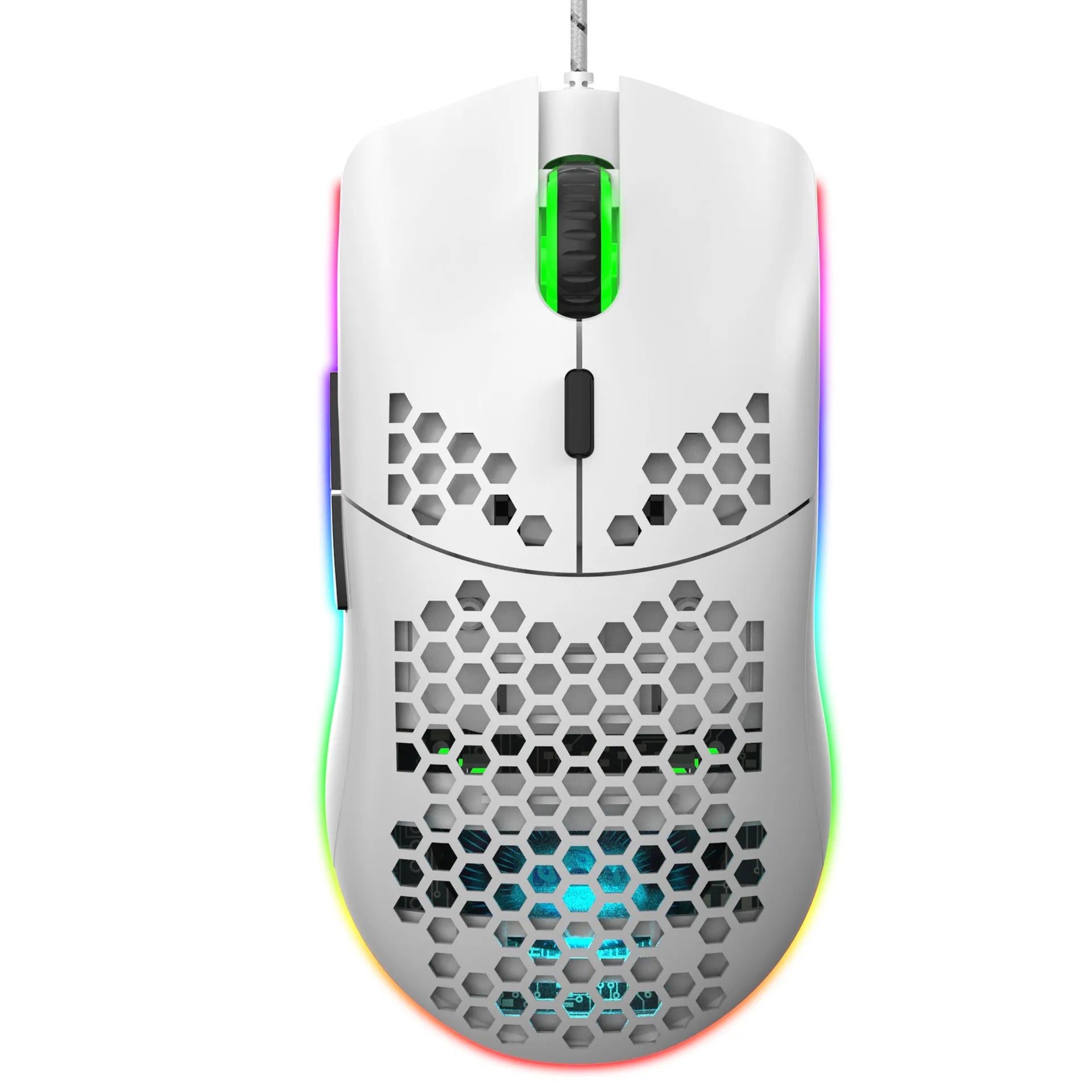 J900 honeycomb shell wired gaming mouse with USB cable in black colour, top view showing six buttons and RGB lighting