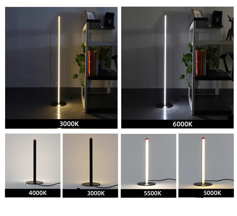 Vertical aluminium floor lamp in modern simple style shown at different heights on a table.