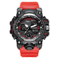 Men's black and red dual display sports watch with analogue hands and digital screen on a plastic strap.
