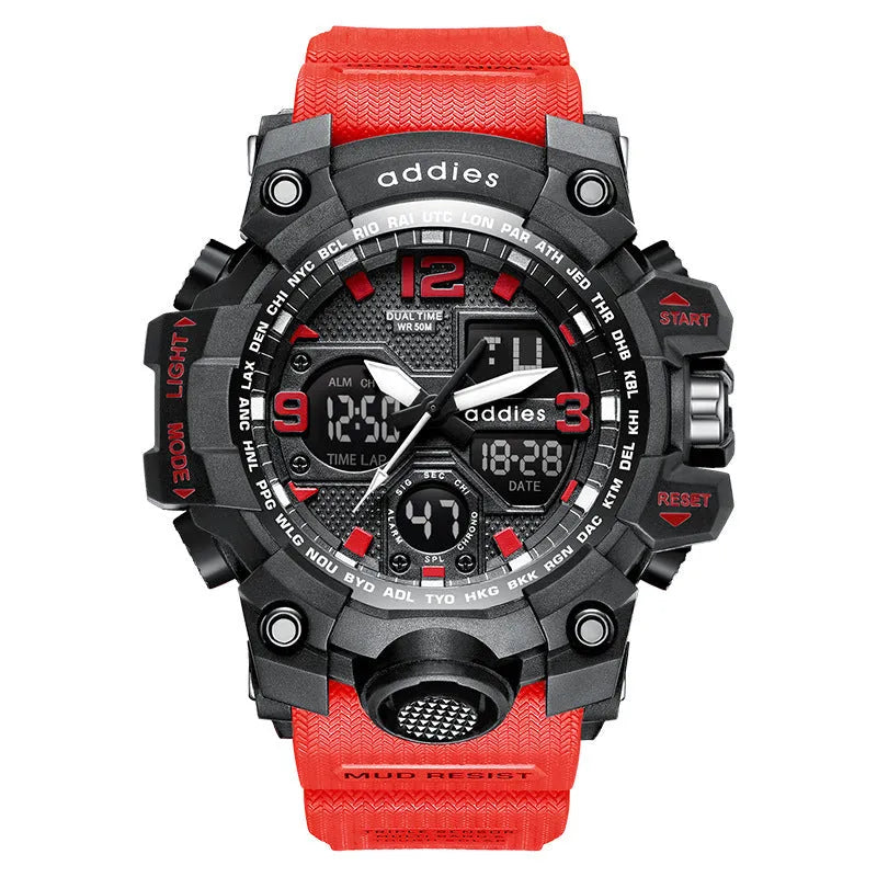 Men's black and red dual display sports watch with analogue hands and digital screen on a plastic strap.