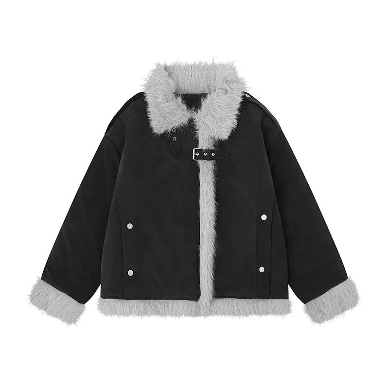 Women's American-style retro lamb wool coat loose fit in black colour