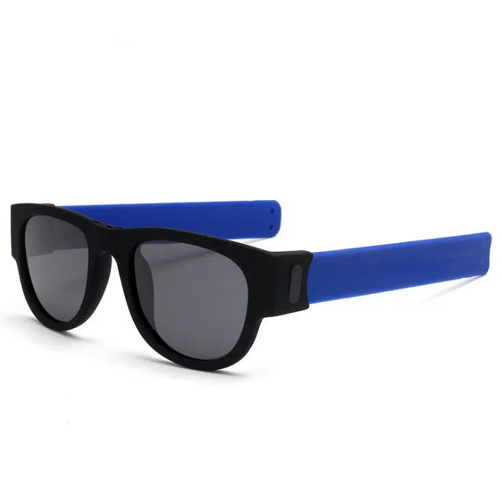 Folding bracelet sunglasses with polarized UV400 resin lens on wrist, black colour