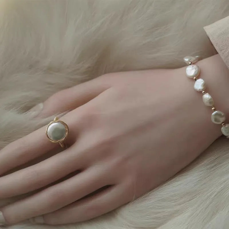 Freshwater pearl ring with copper-plated gold, hand winding, open mouth adjustable fit