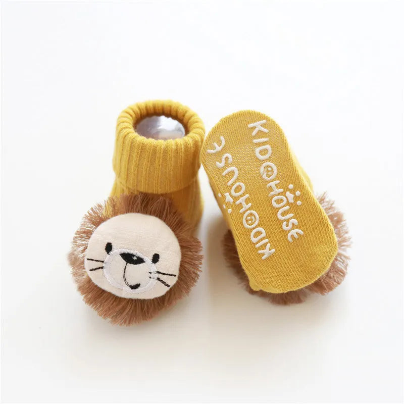 Cotton baby floor socks in multiple designs including animal prints and bows for infants 0-3 months