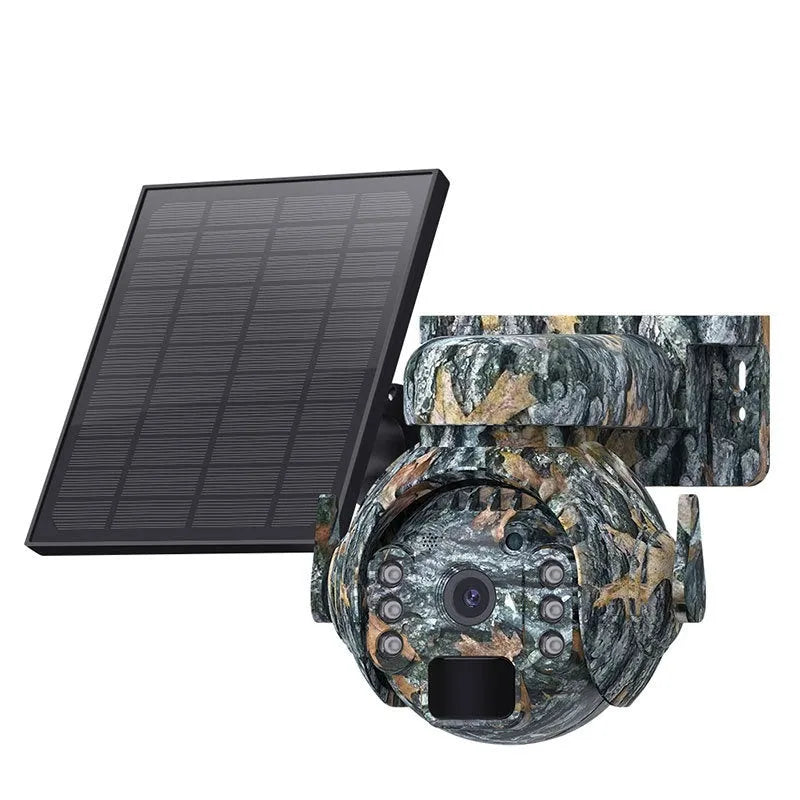 Solar panel security camera in camouflage finish for outdoor surveillance with 3MP sensor.