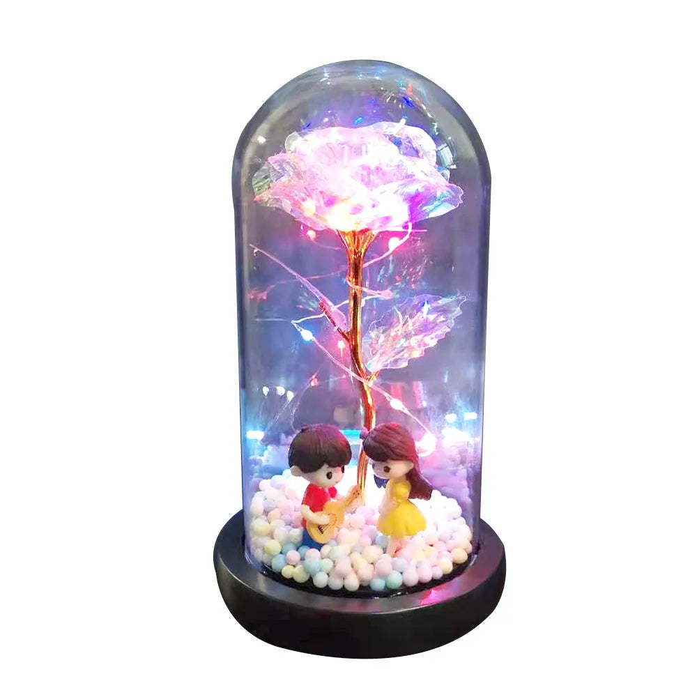 Glass dome eternal rose ornament with LED lights and gold flower for wedding or home decoration