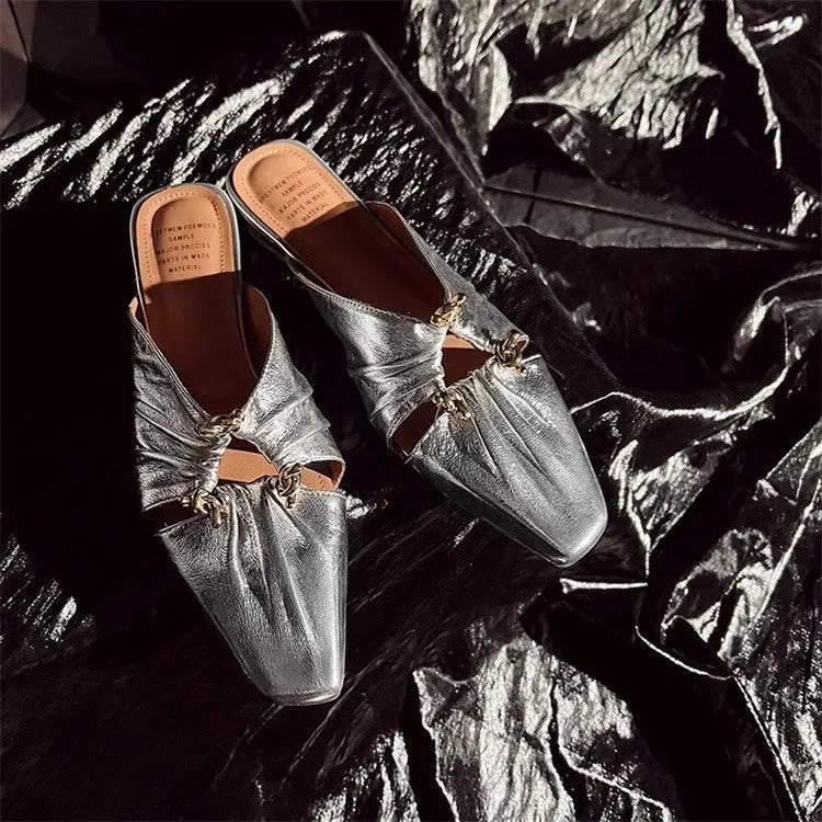 Genuine leather women's slippers with square toe cap and oversleeve design in gold colour
