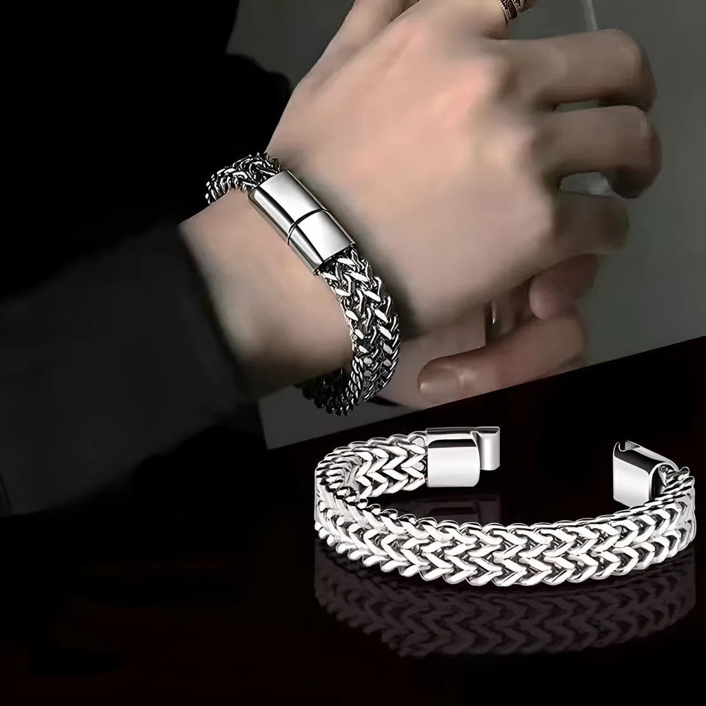 Silver titanium steel hip hop bracelet with stainless steel front and back in geometric design
