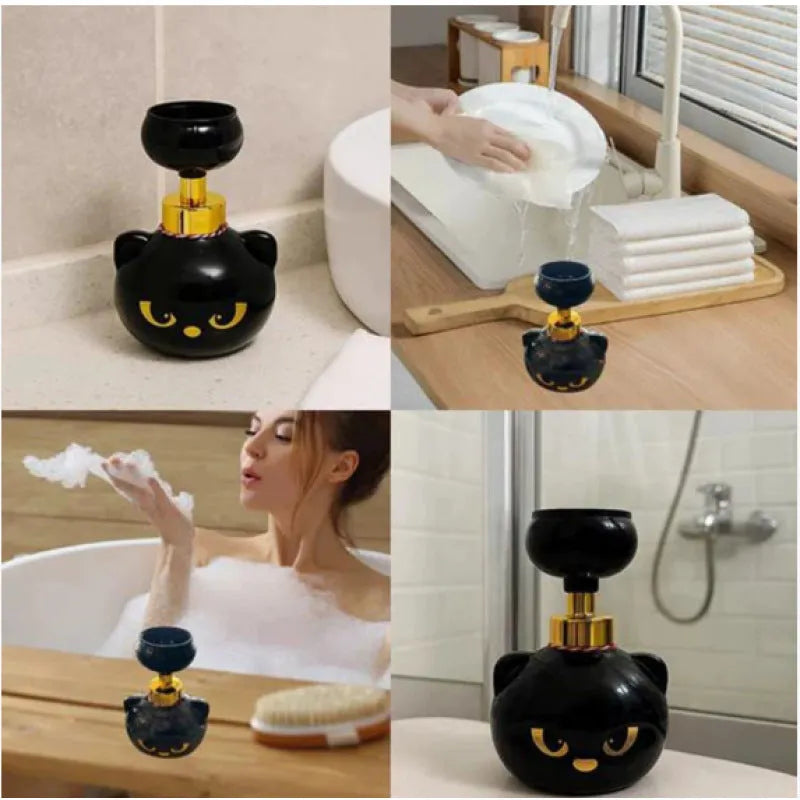 Black cartoon cat shaped plastic manual foam soap dispenser for bathroom or kitchen countertop