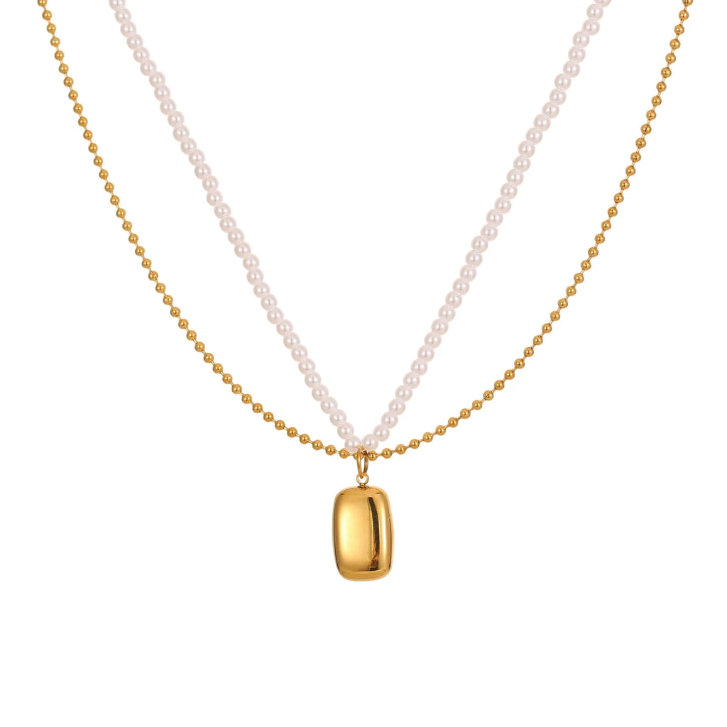 Double-layer pearl necklace with geometric pendant, stainless steel regular chain, gold or steel electroplated finish, 18K