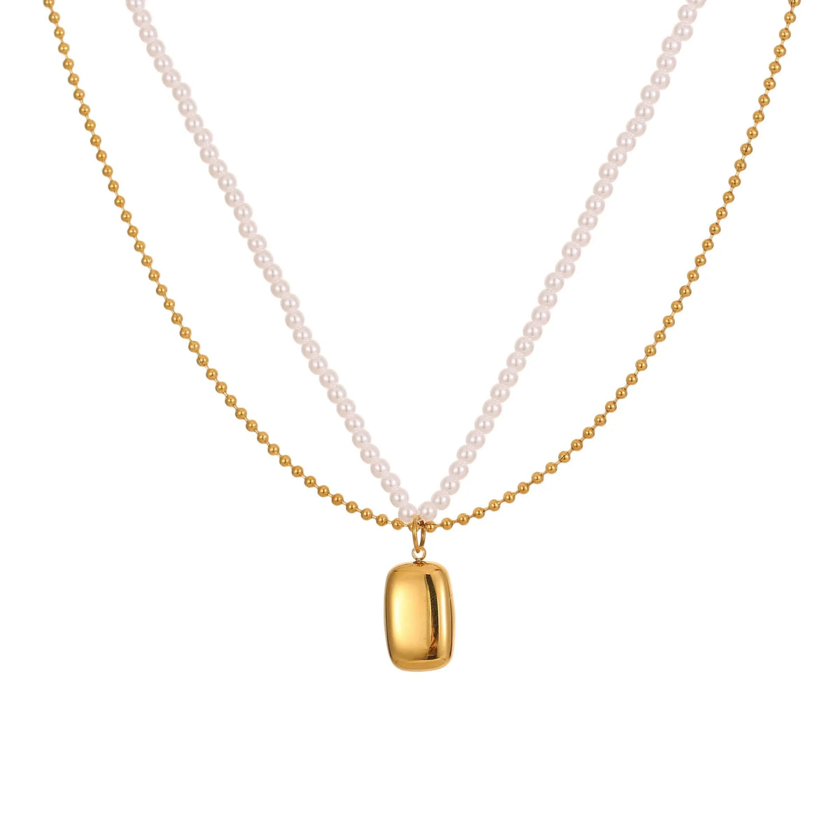 Double-layer pearl necklace with geometric pendant, stainless steel regular chain, gold or steel electroplated finish, 18K