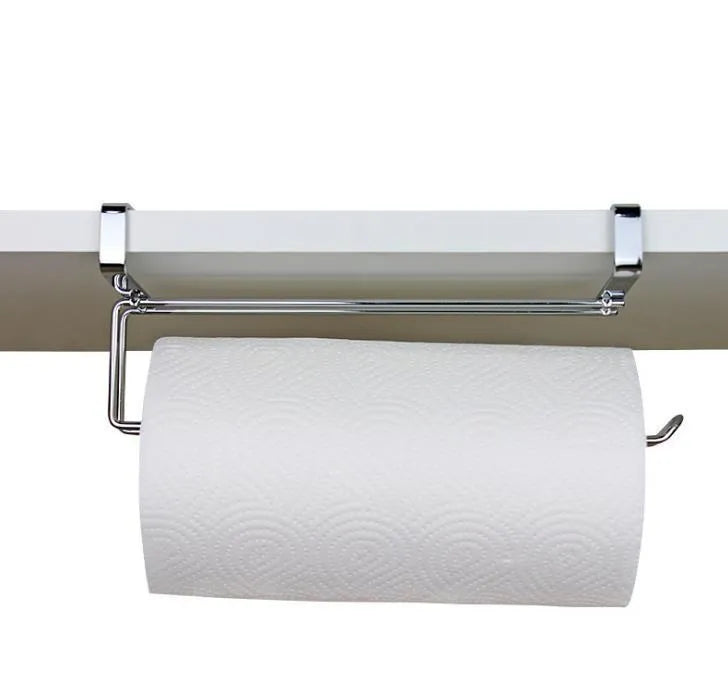 Silver stainless steel kitchen towel rack mounted on cabinet door for paper and towel storage