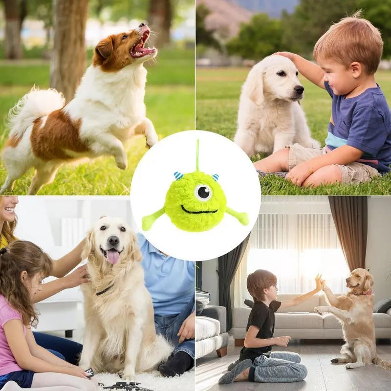 Green plush and TPR puppy teething ball with squeaker, 12 cm diameter