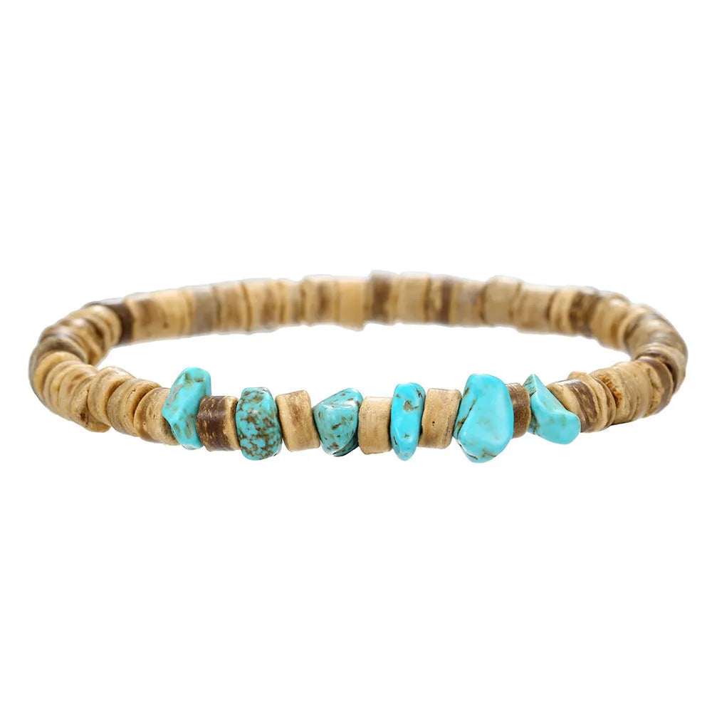 Hand-woven unisex wood bracelet with turquoise accents and totem pattern